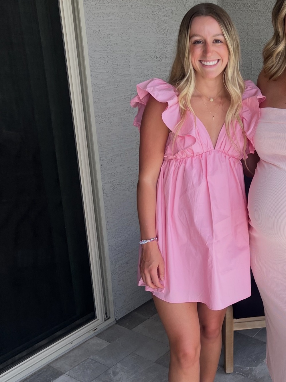 Ruffle-Shoulder Pink Mini Dress with V-Neck